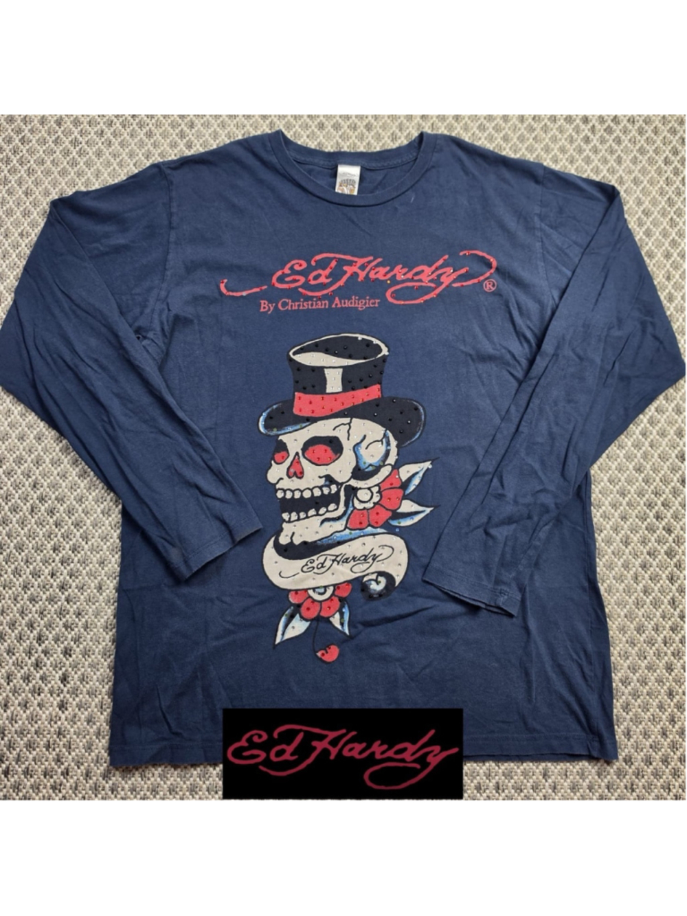 Ed Hardy Christian Audigier Mens M Skull Rhinestone Long Sleeve Shirt Y2K USA